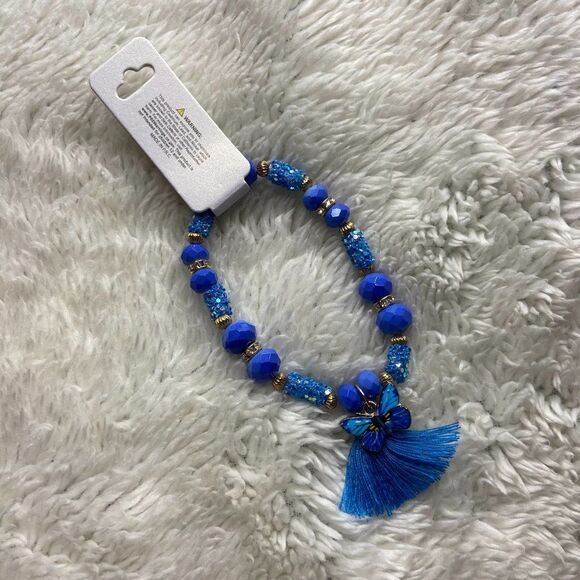 BLUE Beaded Butterfly Tassel Bracelet - Picture 4 of 4